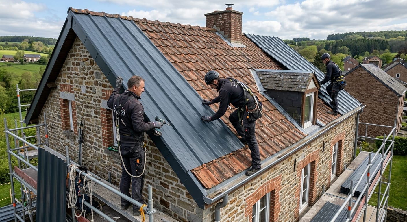 Artisans couvreurs professionnels installant avec précision une surtoiture neuve sur un toit en pente de maison wallonne